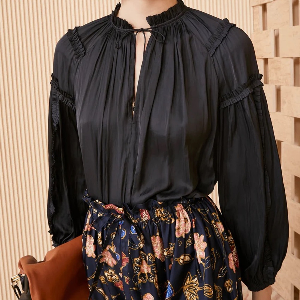 Ulla Johnson Blouse Black 0 Maeve Satin Ruffle Trim Long Sleeve Boho Peasant